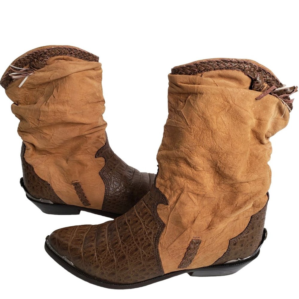 Zodiac Vintage Western Boots Brown Leather Croc Embossed Exotic Cowgirl Boot 9
